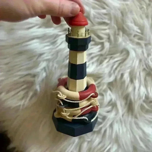 Vintage Wooden Lighthouse with Nautical Lifebuoy Rings – Coastal Decor - Picture 6 of 6